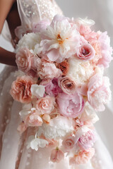 Fototapeta premium Luxurious cascading bouquet of pink peonies in the hands of a bride wearing a sparkling wedding dress
