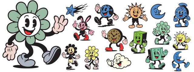Retro Cartoon Earth and Characters Walking – Vintage Style Mascots