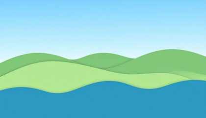 Obraz premium Flowing green hills and calm blue waters nature landscape illustration vibrant environment serene viewpoint