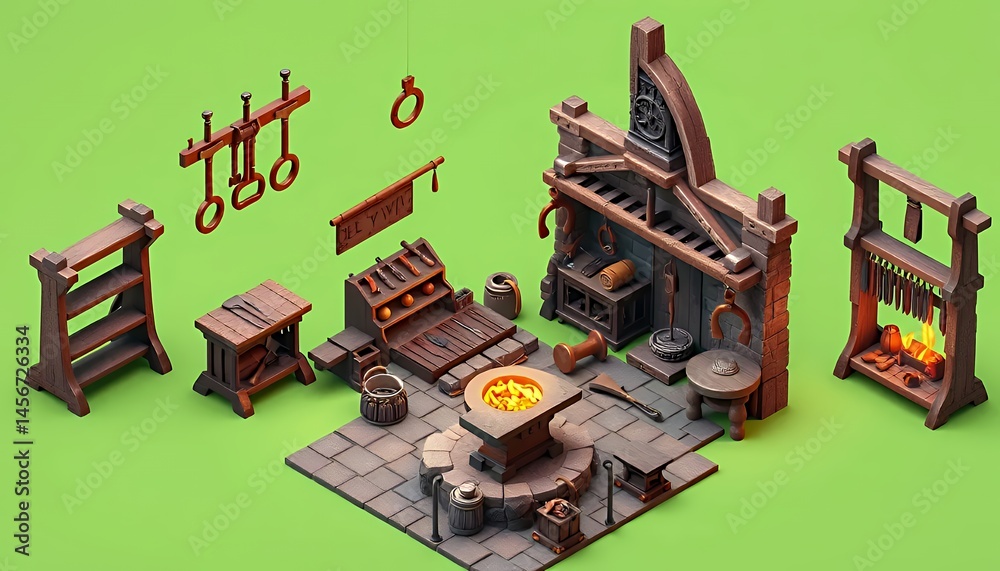 Fototapete isometric blacksmith forge setup with stone anvil and metal tools isolated by green screen for vfx a