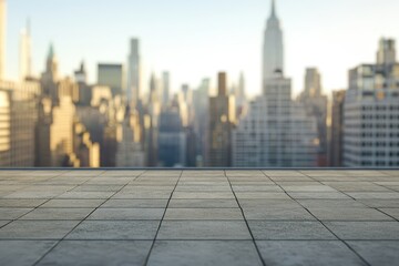 Empty rooftop patio overlooking a city skyline