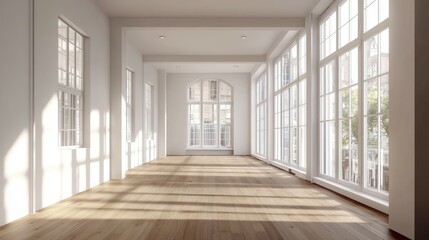 Fototapeta premium Bright and open empty room with large window and wooden floor in modern interior design style