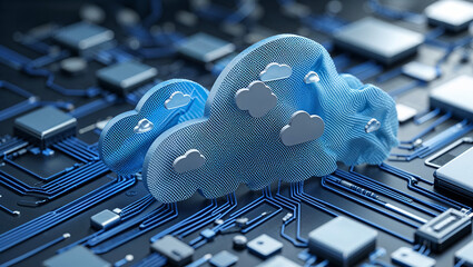 Cloud computing symbol emerging from futuristic circuit board