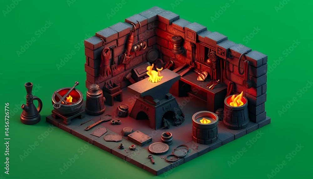 Fototapete isometric blacksmith workshop with forge anvil tools and cauldron of molten metal isolated by green 