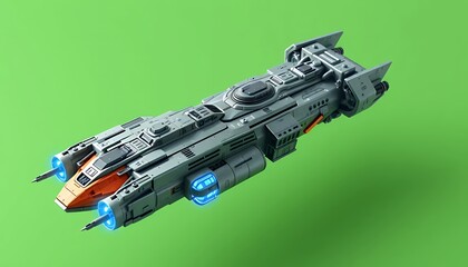 Isometric Blocky Spaceship Isolated On Green Screen For VFX Movie Game Design