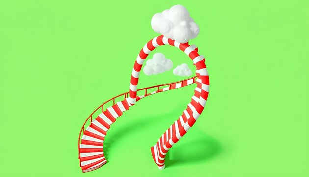 Isometric Candy Cane Structure Ascending into Clouds Isolated on Green Screen in 3D Render for VFX and Game Element with Red and White Stripes Design