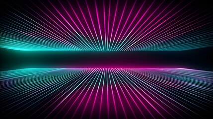 Glowing neon pink and teal laser grid lines receding perspective over dark reflective surface retro