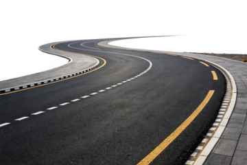 A curved road with yellow and white markings bordered by reflective barriers, offering a sense of direction and perspective. Isolated on a transparent background