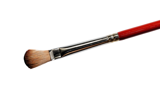 a red brush with a silver handle on a white surface