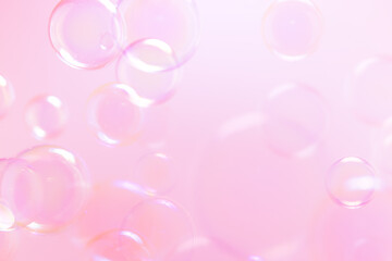 Beautiful Transparent Pink Soap Bubbles Floating in The Air. Celebration Festive Backdrop. Freshness Soap Suds Bubbles Water. Pink and White Gradient Textured.	
