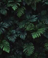 Bold black & deep green tropical foliage, abstract, graphic, wallpaper, pattern, leaf design
