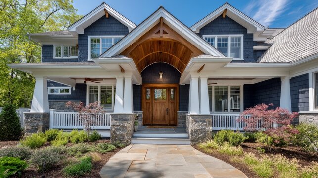 Elegant house facade with refined architectural details, embodying timeless sophistication and welcoming charm
