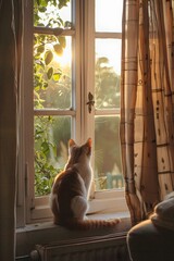 A domestic cat with orange and white fur sits on a windowsill, gazing out at a beautiful sunset. Sunlight filters through the curtains, creating a warm and inviting atmosphere