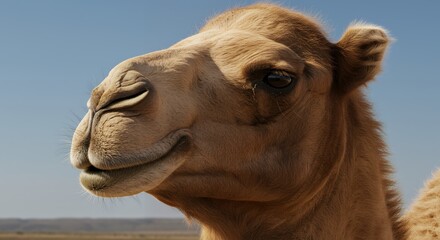 Camel head portrait against a blue sky