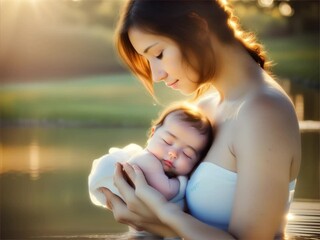 Tender Moment of a Mother Holding Newborn by the Water - Powered by Adobe