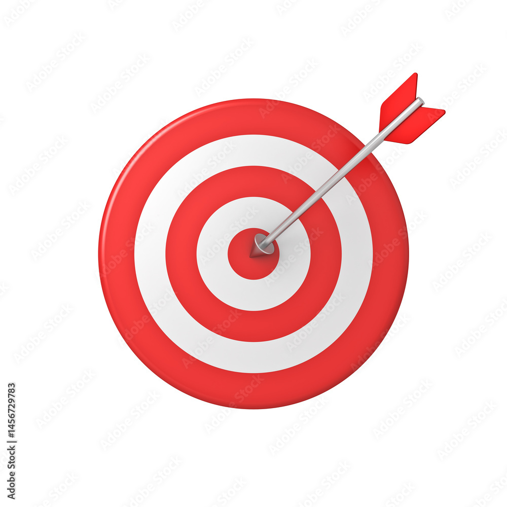Leinwandbilder red metal arrow hitting to the center of goal target dartboard isolated on white background the busi