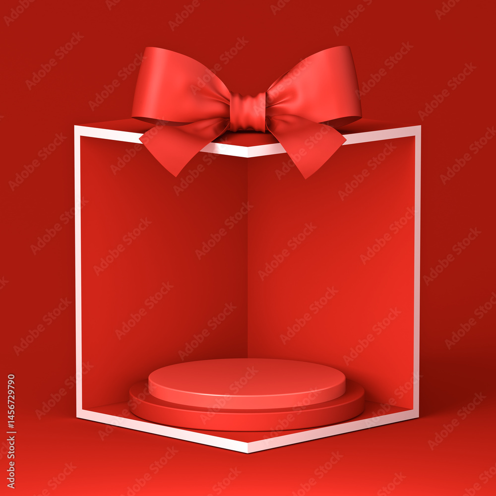 Poster blank red round podium pedestals in exhibition booth gift box corner product display mockup showcase