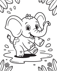 Fototapeta premium Beautiful baby elephant playing alone in jungle black line art vector illustration for children coloring page