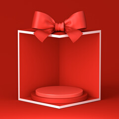 Blank red round podium pedestals in exhibition booth gift box corner product display mockup showcase stand with red ribbon bow isolated on dark red background creative conceptual idea 3D rendering