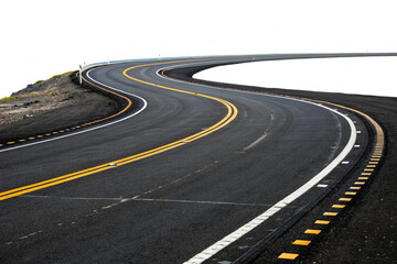 A curved road with yellow and white markings bordered by reflective barriers, offering a sense of direction and perspective. Isolated on a transparent background