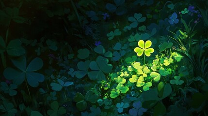A patch of clovers with one fourleaf clover highlighted among the rest