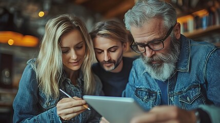 A diverse group of three adults collaborates on a digital tablet, reviewing information together in a casual setting.