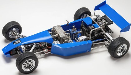Detailed view of a blue vintage race car model, showcasing mechanical engineering