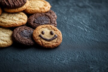 top view of cookies with chocolate smile on it on the table background