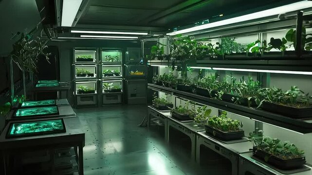 Futuristic hydroponic plant lab.  Rows of enclosed plant growth units with various plants at different stages of development.  Modern technology for sustainable agriculture