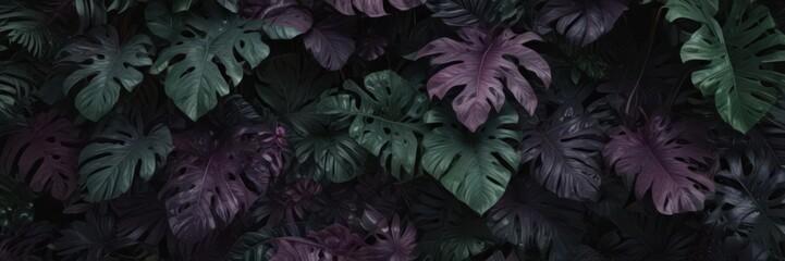 Obraz premium Intricate dark green & purple tropical leaves, shadowed, rich texture, texture, tropical