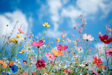 Fototapeta premium A vibrant field of wildflowers showcases pink, orange, and yellow blossoms reaching toward the sunny sky