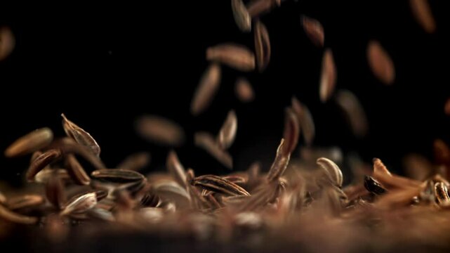 Cumin seeds fall on the table. Filmed on a high-speed camera at 1000 fps. High quality FullHD footage