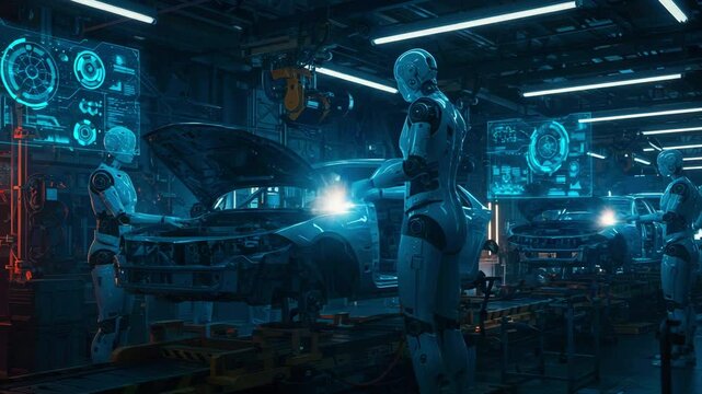 Futuristic robots assembling cars in a high-tech factory with glowing screens and sparks flying