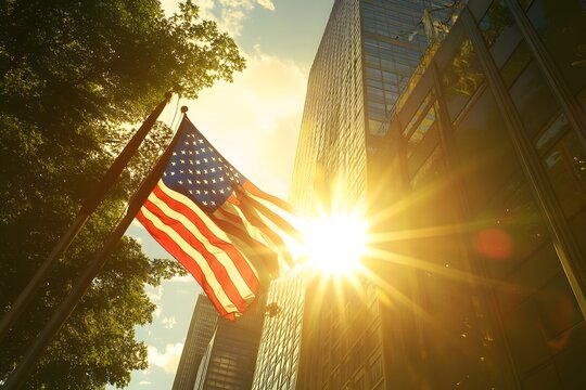 American flag waving in the wind with tall buildings under a bright sunny sky - Powered by Adobe