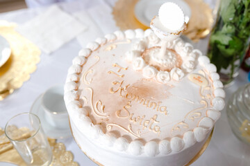 Large Communion Cake Served at First Holy Communion Celebration