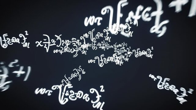 Swirling white math formulas float in a dark environment, symbolizing theoretical science, AI computation, or chaotic digital information in motion.