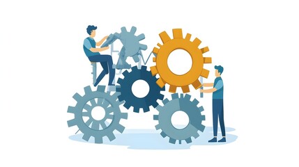 Two young men collaborate to fix and maintain large intricate gears signifying teamwork and problem solving.
