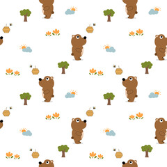Bear looks honeycomb cartoon so cute. On cloud sun tree bee flower white background. Pattern seamless vector illustration. 