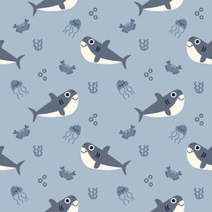 Shark kind cartoon so cute. On seaweed bubbles crab jellyfish background. Pattern seamless vector illustration. 