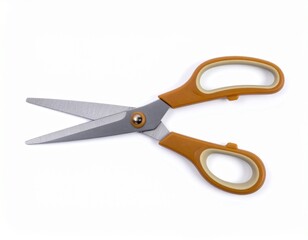 Open scissors, with a gray pivot, silvery blades and brown and beige colored handles, isolated on white background