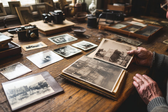 Man at table with old photos.
