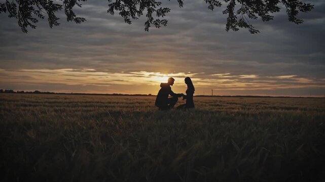 Scenic proposal captured in a wide landscape during golden hour, with the couple silhouetted against a dramatic sky.