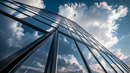 Modern glass skyscraper reflecting majestic clouds and blue sky