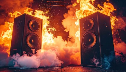 Two large speakers surrounded by dramatic fire and smoke, creating an intense, high-energy atmosphere.