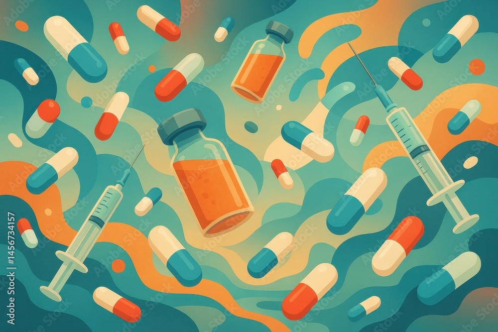 Poster colorful representation of medicine with capsules and a syringe in a dynamic swirl of colors generat