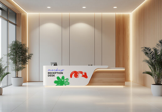 Modern Reception Desk Mockup with Curved Counter &ndash; Clean Interior for Office or Hotel Branding