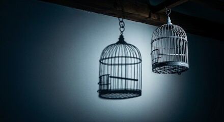 Empty bird cages hanging, symbolizing confinement and freedom.
