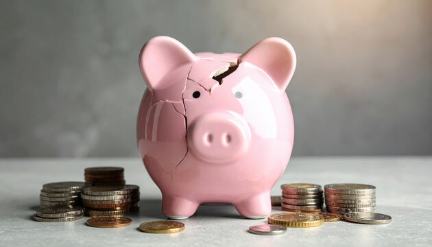 A cracked pink piggy bank surrounded by stacks of coins, symbolizing financial stress or savings problems.
