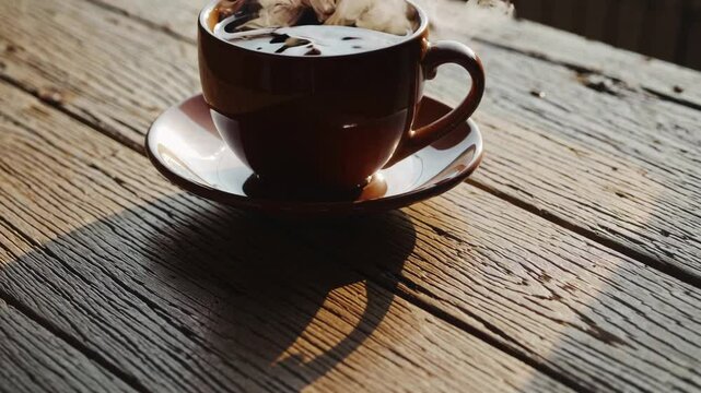 Steaming coffee cup casting shadows on wooden table in sunlight