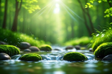Fototapeta premium Forest River Sunlight: A serene woodland river scene bathed in sunlight. Crystal-clear water flows over mossy stones. The sun filters through lush trees. A scene for your peaceful mind.